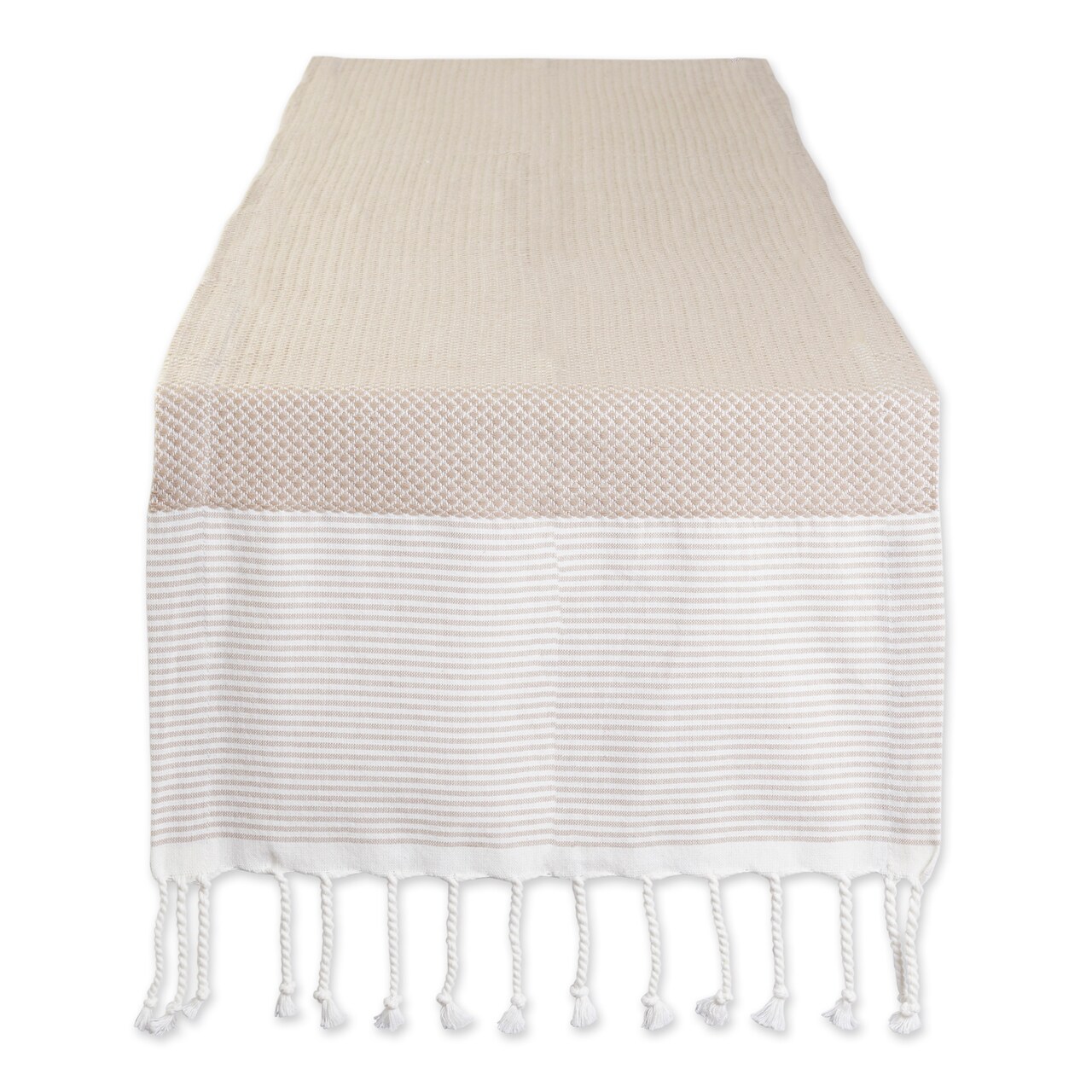 Contemporary Home Living Bordered Striped Fringed Woven Cotton Table Runner - 72" - Beige and White